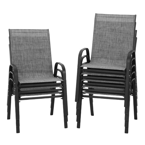 Patio Chairs Set of 6 - Outdoor Stackable Dining Chairs for All Weather - Lightweight Textilene Outdoor Chair Sets with Armrests - 300Lbs Capacity - for Backyard Garden Porch Poolside (Grey)