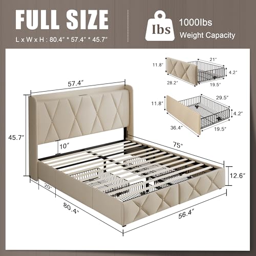 Queen Bed Frame with 4 Storage Drawers and Charging Station, Upholstered Platform Bed Frame with Storage Headboard, No Box Spring Needed, Easy Assembly, Black