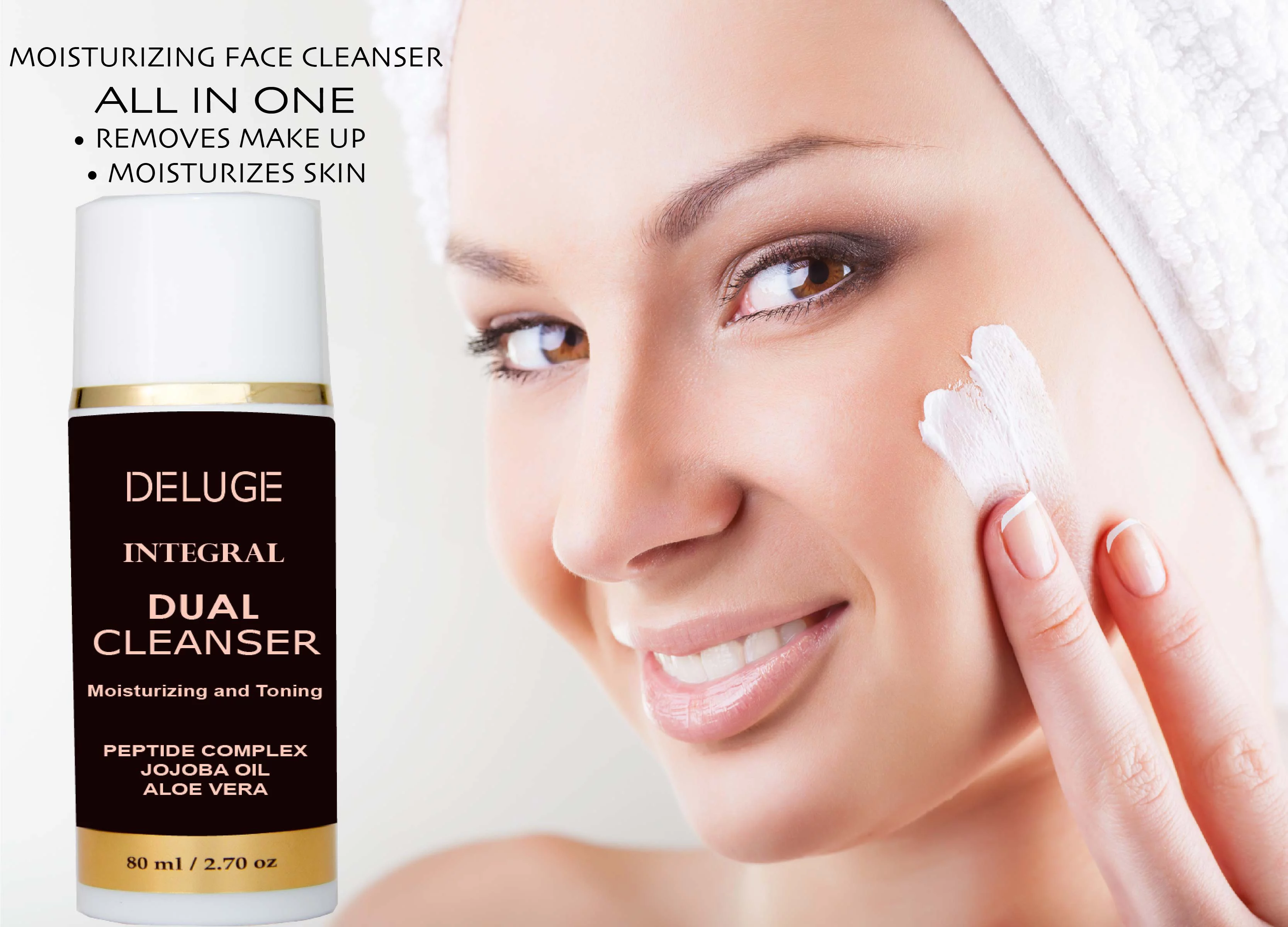 DELUGE - CREAM CLEANSER, MOISTURIZING AND TONING WITH PEPTIDES COMPLEX, AMINO ACIDS, SHEA BUTTER, JOJOBA OIL, 100% ORGANIC OILS. 70% ORGANIC. NON-FOAMING MAKEUP REMOVER. ANTI- AGING FACE CLEANSER.