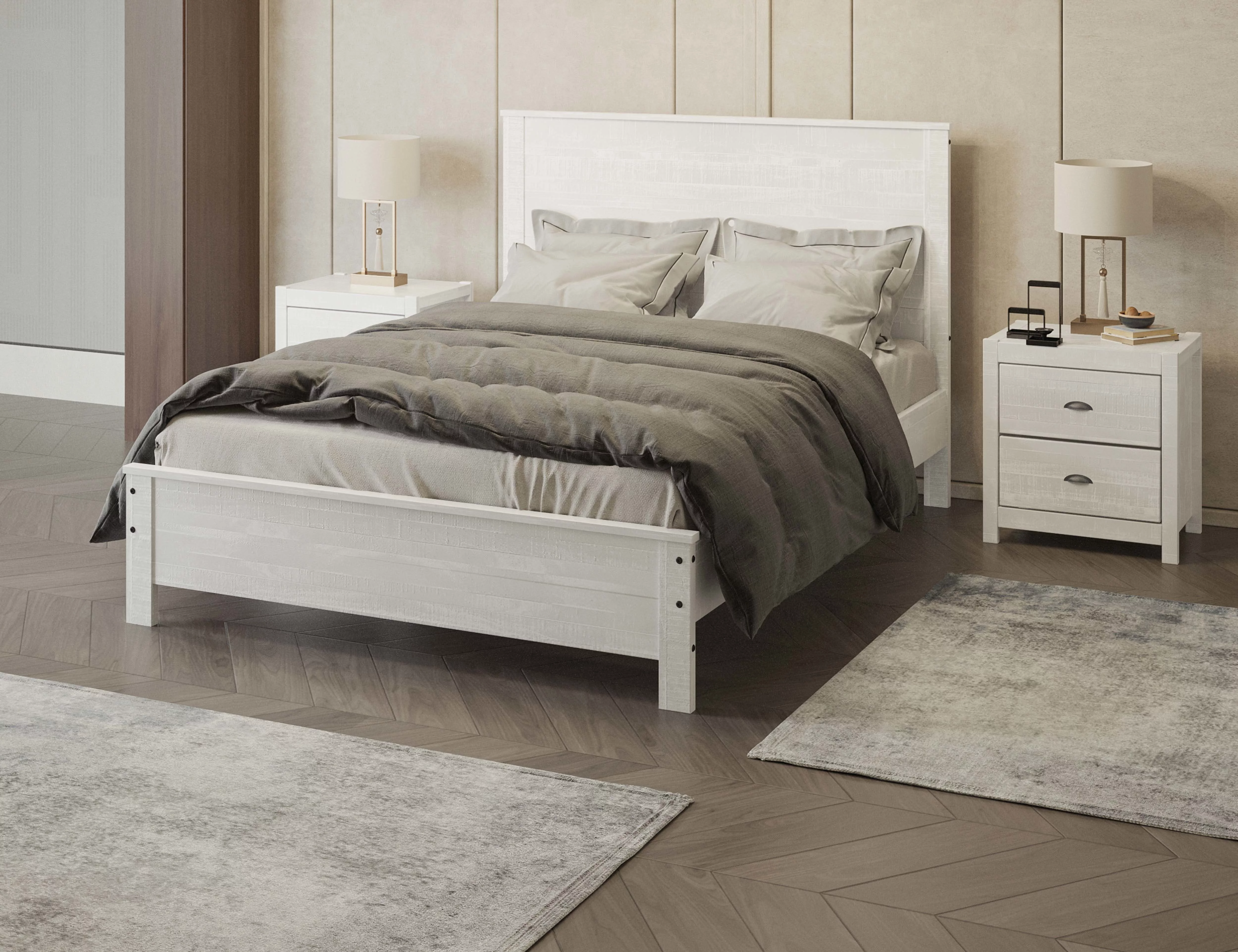 LANTRO JS Albany Solid Wood White Bed, Modern Rustic Wooden Full Size Bed Frame Box Spring Needed
