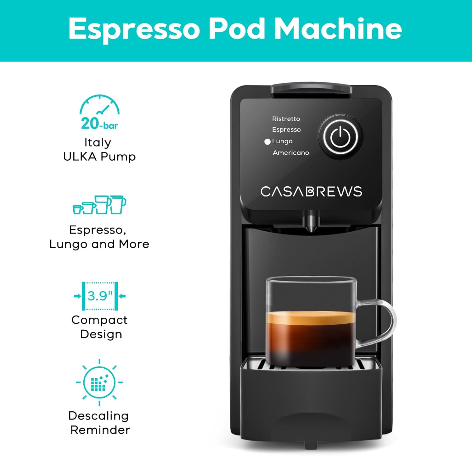 CASABREWS Espresso Machine for Nespresso Original Pods, 20 Bar Coffee Machine with 4 Brewing Modes and 21 oz Removable Water Tank, Compact Capsule Coffee Maker for Home or Office, Ideal Gifts for Mom