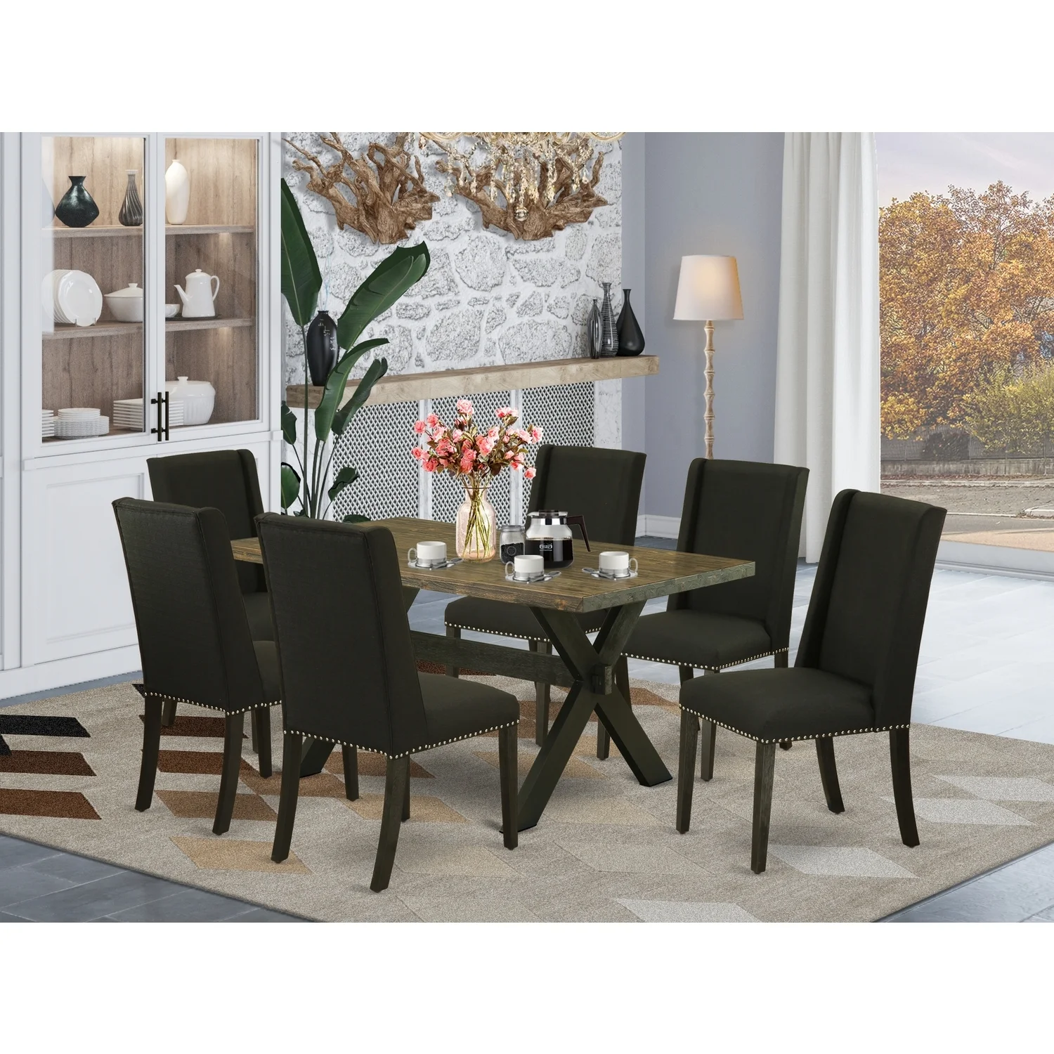 HomeStock Baroque Bonanza - 7-Piece Dinette Set - 6 Parson Chairs And A Dining Table Solid Wood Structure