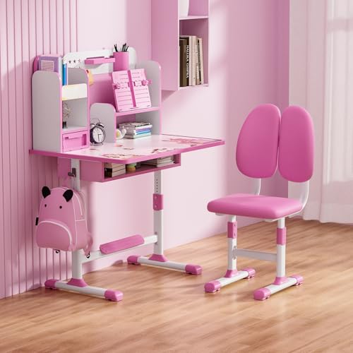 Kids Desk and Chair Set,Height Adjustable Children School Study Table and Chair Set with Sitting Corrector,Desk Chair with Book Stand, Foot Pedal, Partition Design Student Writing Table Desk