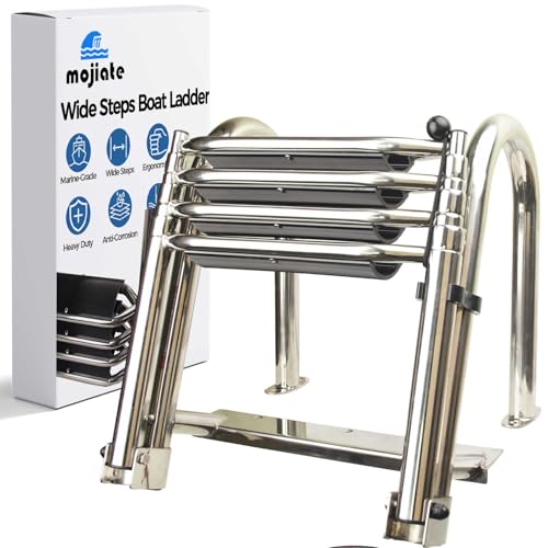 4-Step Heavy-Duty Stainless Steel Pontoon Boat Ladder with Extra Wide Steps & Handrails | Telescoping Folding Rear Entry Ladder, 600lbs Capacity, Marine-Grade 316 Stainless Steel