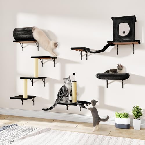 7-in-1 Wall Mounted Cat Climber Set, Cat Wall Shelves with Cat House, Bridge, Tree, Steps, Scratcher, DIY Walls Playground for Indoor Wall Furniture Set, Black