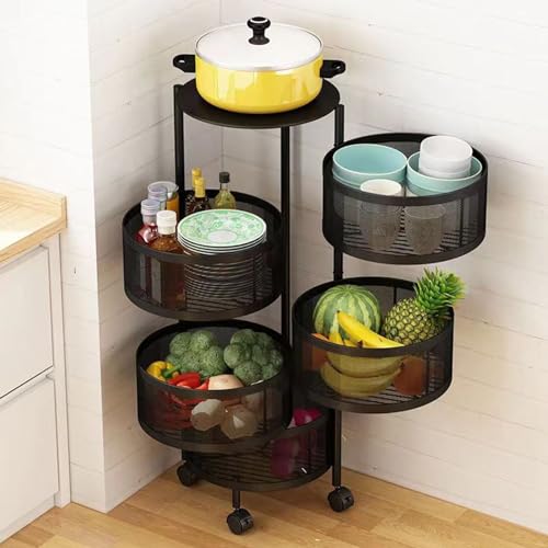 Rotating Fruit Basket, 5-Tier Metal Sturdy Kitchen Storage Rack Shelf Carts No Assembly on Rolling Wheels for Fruit Vegetable Grocery Corns Potato Onion (5-Tier, Black) Black Triple Layer