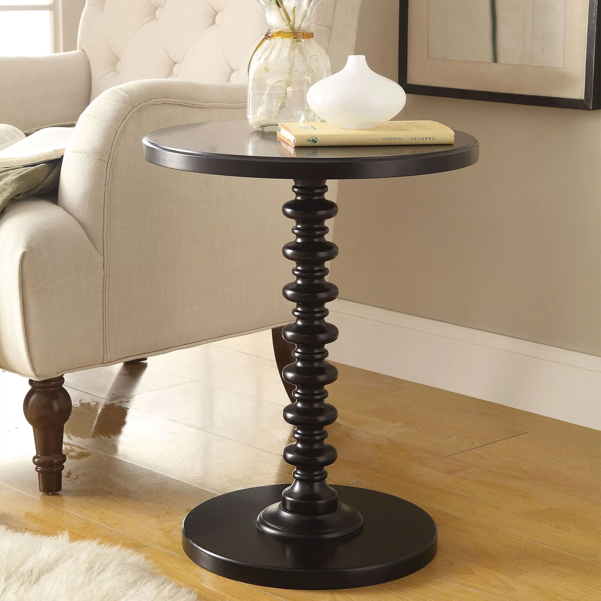Wood Round Side Table Sofa End Table for Living Black
