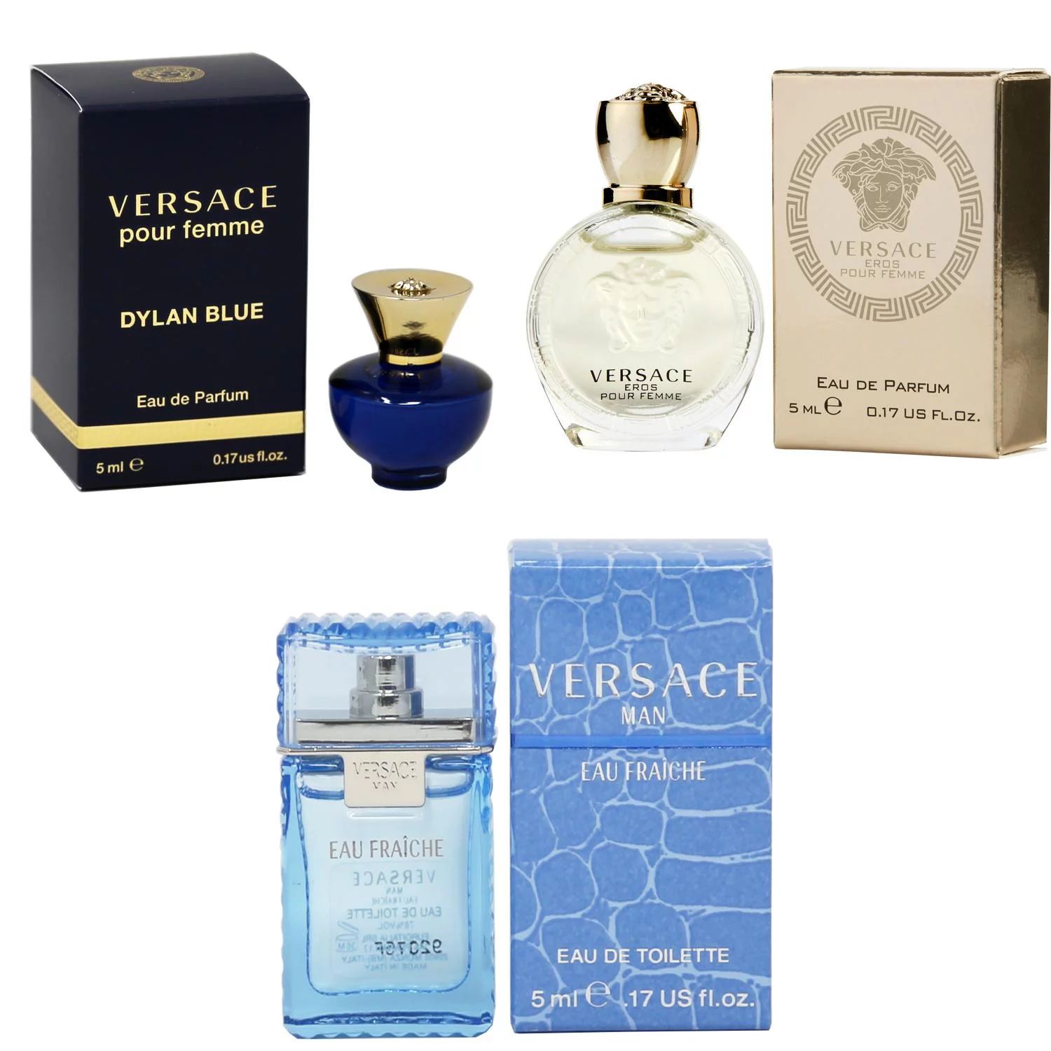 Versace Dylan Blue Femme EDP, Eros Women EDP, Man Eau Fraiche EDT - 5ml 3PK Kit