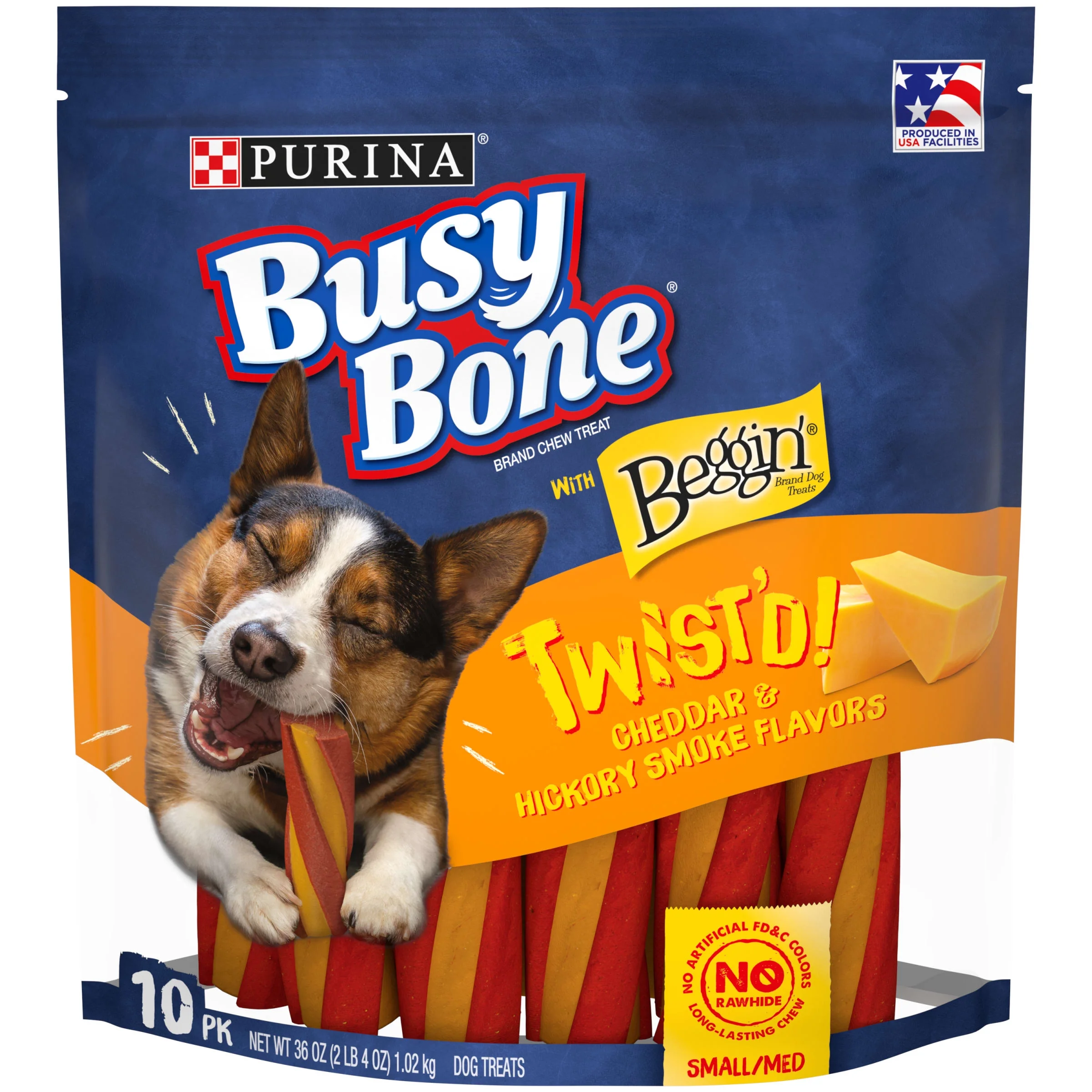Purina Busy Twist'd Dog Treats, Cheddar & Hickory Smoke Long-Lasting Chews for Small & Medium Dogs, 36 oz Pouch (10 Pack)