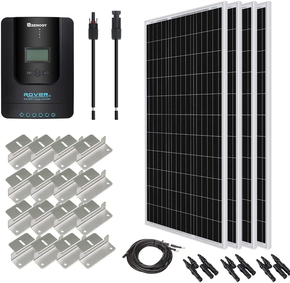 Renogy 400 Watt 12 Volt Monocrystalline Starter Kit with 4 pcs 100W Monocrystalline Solar Panel and 40A Rover MPPT Charge Controller for RV, Boats, Trailer, Camper, Marine, Off-Grid Solar Power System