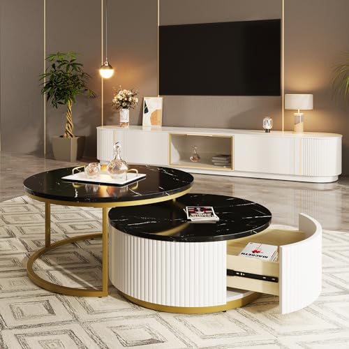 Merax Round Nesting Coffee Table Set of 2 with Storage Drawer and Marbling Tabletop, Perfect for Living Room Apartment, White