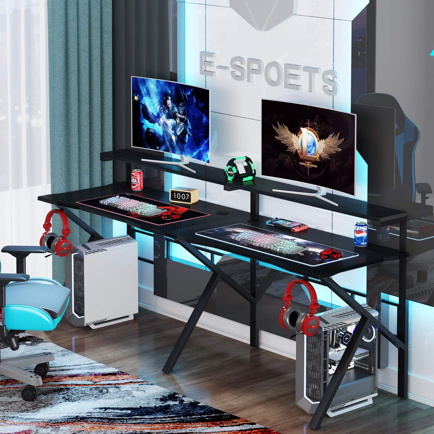 Tribesigns Two Person Gaming Desk with Hutch Monitor Shelf, 78 inches Double Computer Desk with Headphone Hooks, Extra Long K -Shaped Home Office PC Table Gamer Workstation,Textured Carbon Fiber,