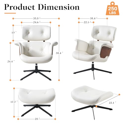 Mid Century Recliner Swivel Chair with Ottoman, Ergonomic Armchair with Comfy Cushion, Walnut Wood Base, PU Leather, Heavy Duty Support for Living Room, Black