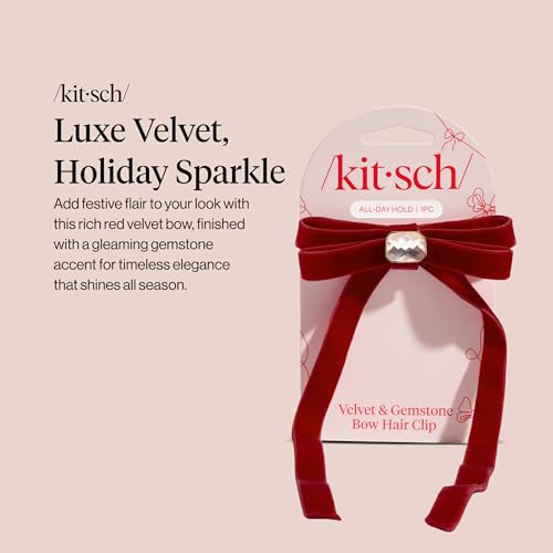 Kitsch Velvet Bow Hair Clip with Gemstone – Red Duckbill Hair Clips for Women | Lightweight, Comfortable, Secure Hold | Perfect Holiday Hair Accessories, Stocking Stuffers and Gifts for Women