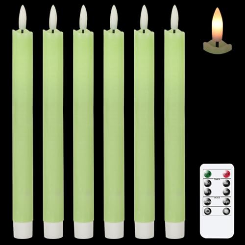 GenSwin Drip Wax Flameless Taper Candles Flickering with 10-Key Remote, Battery Operated Led Warm 3D Wick Light Window Candles Real Wax Pack of 6 Christmas Home Wedding Decor(Ivory, 0.78 X 9.64 Inch)