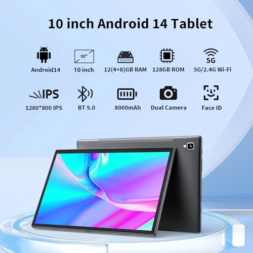 Android 14 Tablet with Keyboard - 10 inch Tablet, 12GB RAM, 128GB ROM (1TB Expand), 5G/2.4G WiFi, 8000mAh, BT 5.0, GMS Certified, with Mouse, Case, Stylus, Support Split screen, Face ID(Black)