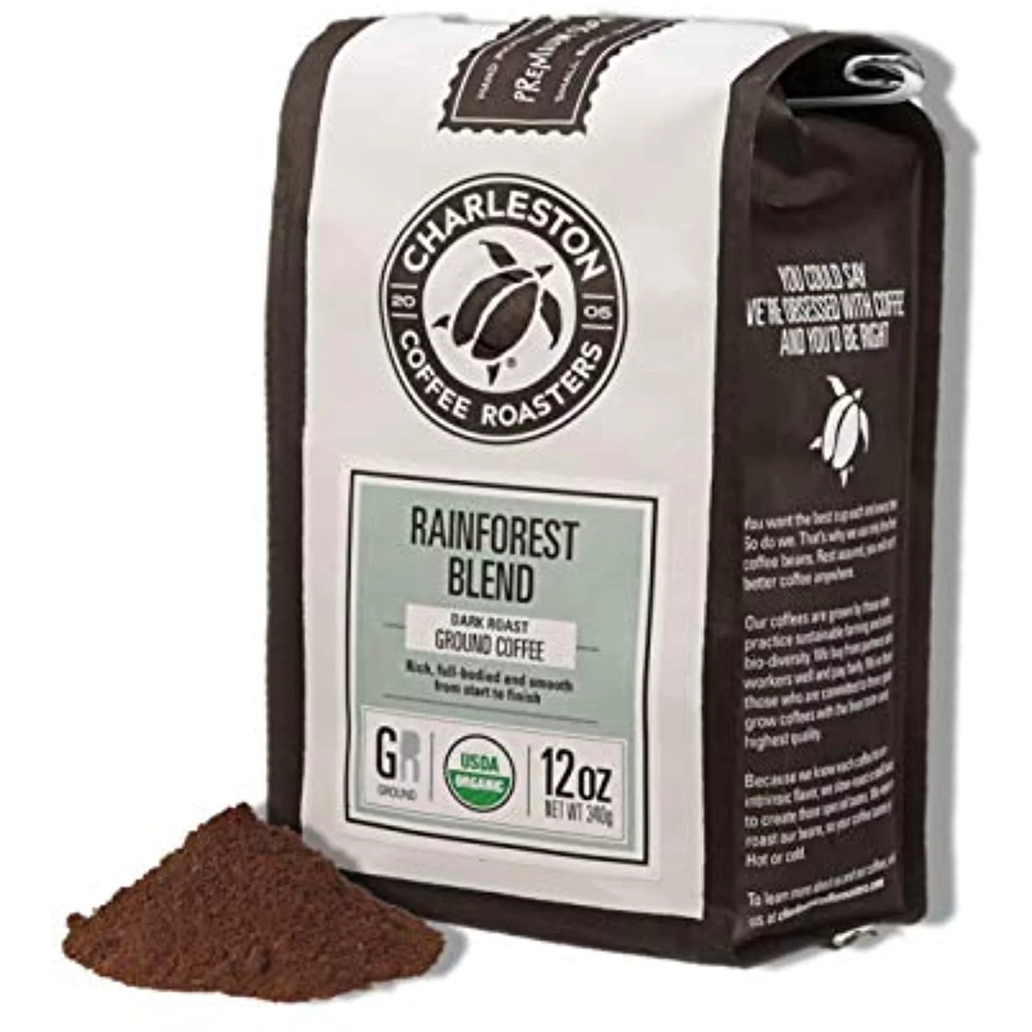 Charleston Coffee Roasters | Specialty Organic Ground Bag | Hand Picked, Premium Slow Roast (Rainforest Blend, Dark Roast) 12Oz