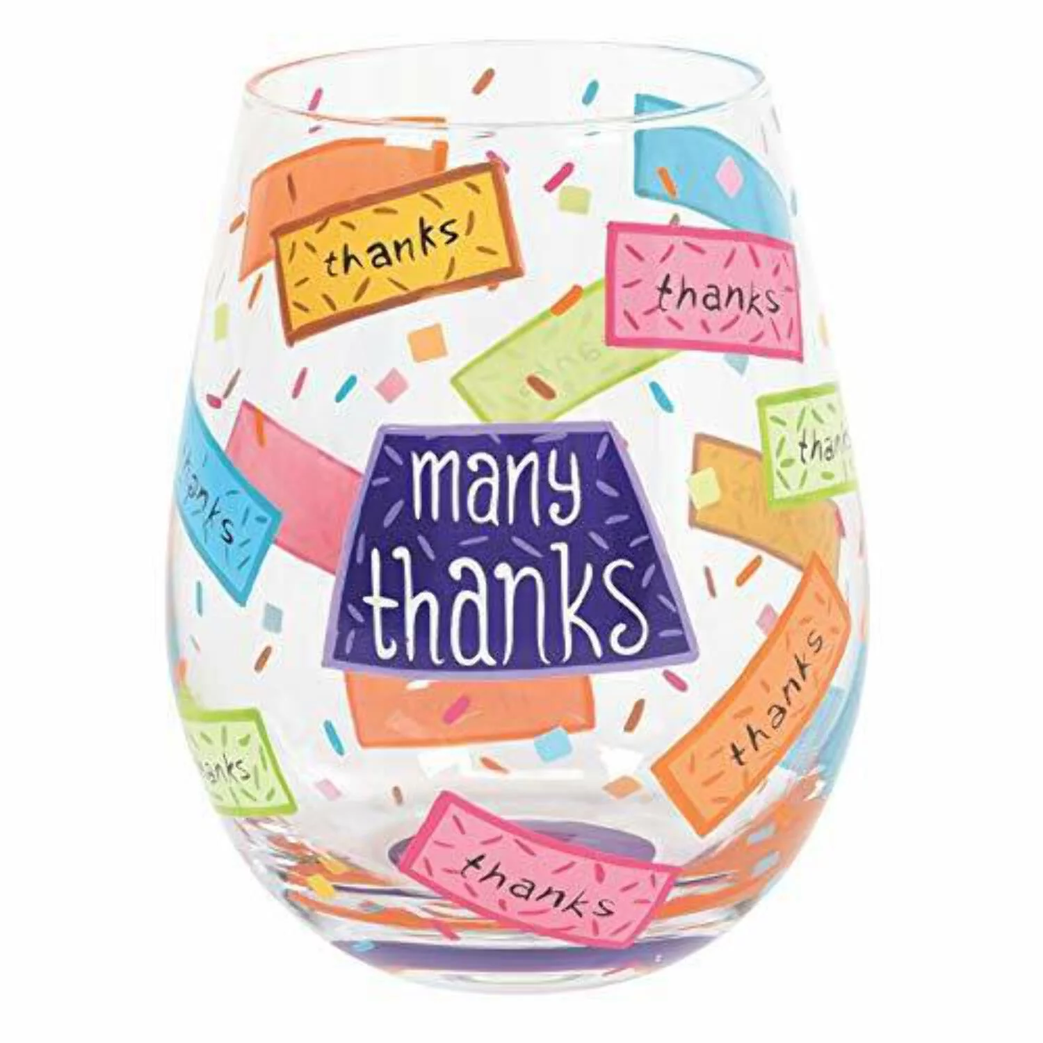 Enesco Designs by Lolita Many Thanks Hand-Painted Artisan Stemless Wine Glass, 20 Ounce, Multicolor
