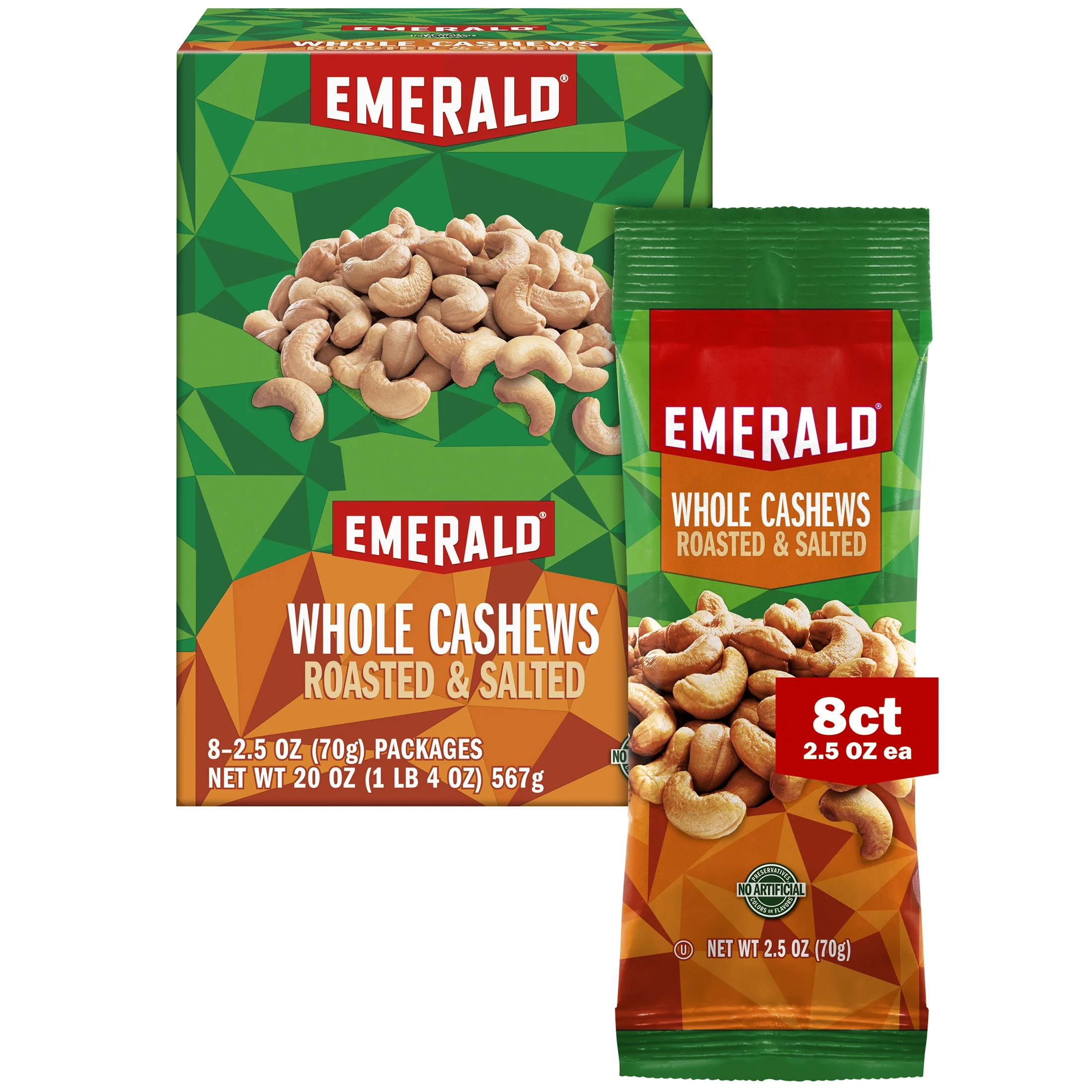 Emerald Nuts, Whole Cashews Roasted & Salted, 8 CT Box, 20 oz (Pack of 6)