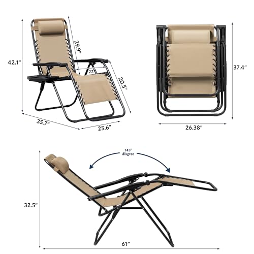 Greesum Zero Gravity Chairs Set of 2 Adjustable Steel Mesh Recliners Beach Deck Lawn Camping Patio Foldable Lounge Chair with Cup Holder Trays and Pillows,Brown