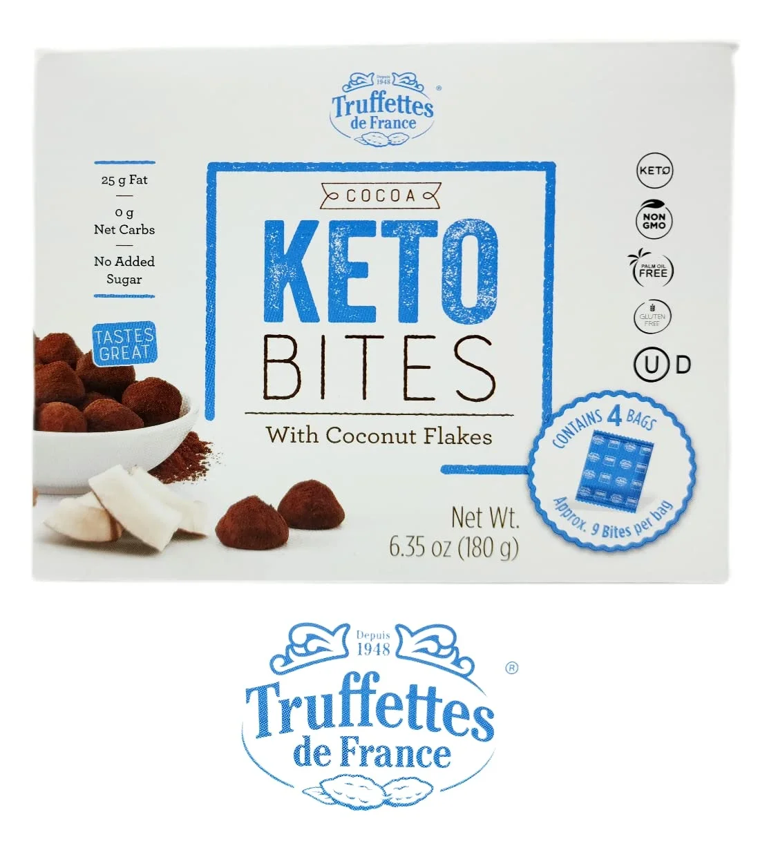Gluten Free Truffettes de France Cocoa Keto Bites Budle - Includes Coconut Truffles and Cocoa Truffles - 4 Snack Bags Per Box - 8 Total - Comes with  Fridge Magnet