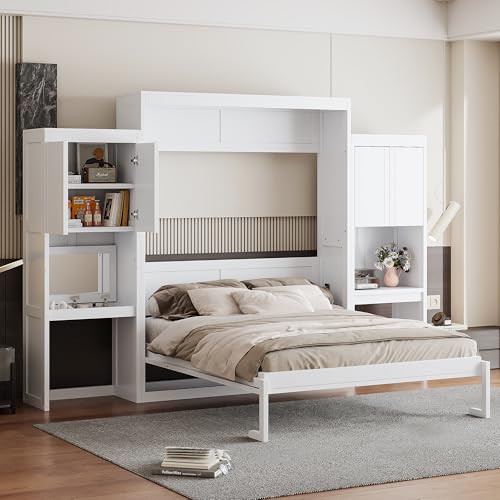 Queen Murphy Bed Cabinet with Closet, Queen Size Wall Murphy Bed with Storage Wardrobe and Storage Shelf, No Box Spring Needed, White