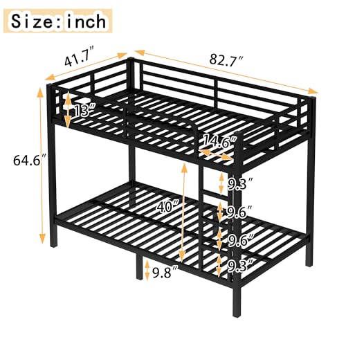 Heavy Duty Bunk Bed Frame with Ladder, Twin XL Over Twin XL Bunk Beds with Safety Guardrails, Adults Bunk Beds with Noise-Reducing Rubber Stoppers, Easy Assemble, Black