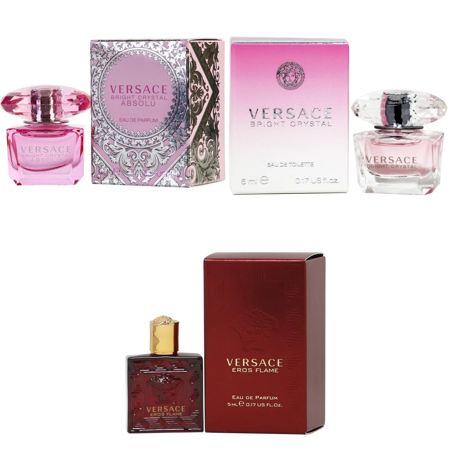 Versace Bright Crystal Absolu EDP, Bright Crystal EDT, Eros Flame EDP  - 5ml 3PK Kit