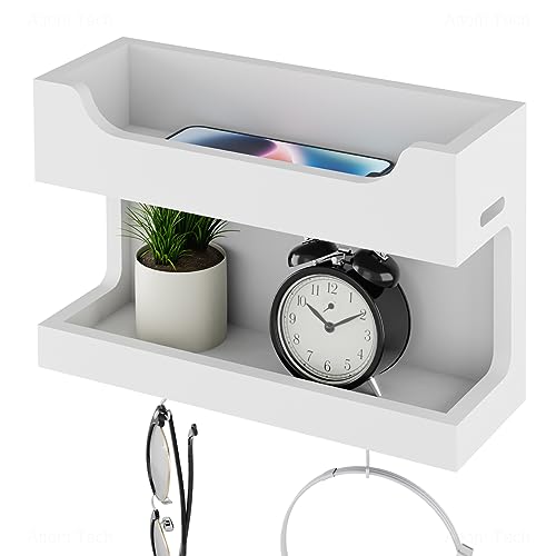 NiHome Wall Mounted Wooden Bedside Accessories Organizer, Double Tray Bedside Wall Storage Shelf Rack with Magnetic Hooks,Bedroom Dorm RV Wall Caddy Holder for Phone Glasses Alarm Clock Remote (White)
