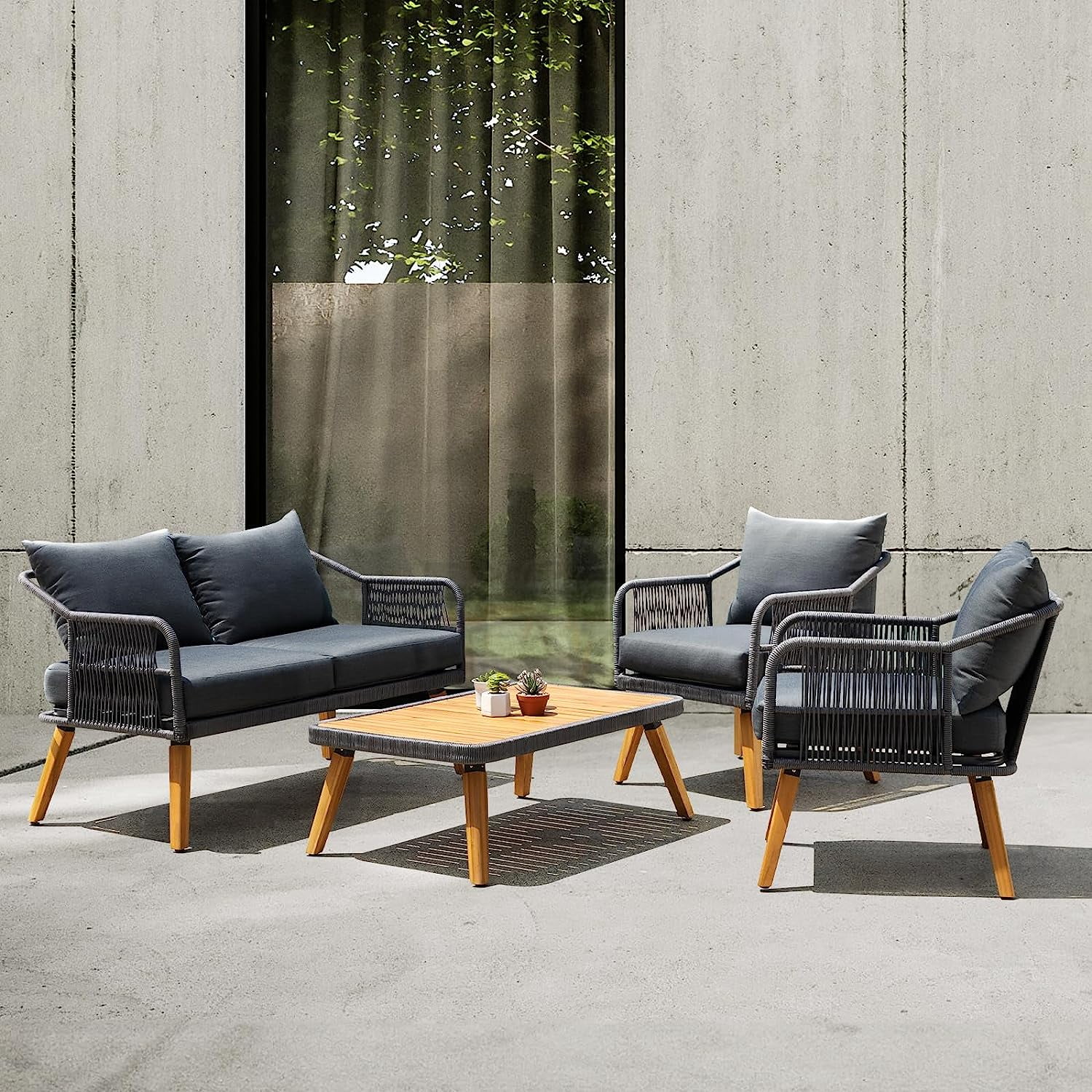 Aile Serene Wood Wicker Patio Conversation Set of 4, Thick Soft Cushions (Obsidian)