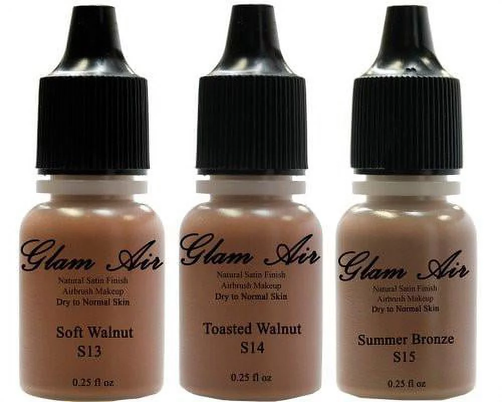 Glam Air Airbrush Water Based Makeup Foundations Satin S13 Soft Walnut, S14 Toasted Walnut, S15 Summer Bronze - 0.25 Oz Set of 3