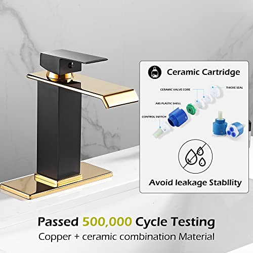 White Gold Faucet Bathroom Vessel Sink Golden Waterfall Spout Faucet Single Handle Bowl Sink Faucet Modern Single Hole Basin Vanity Tall Bathroom Sink Faucet with Pop Up Drain Stopper Supply Hose