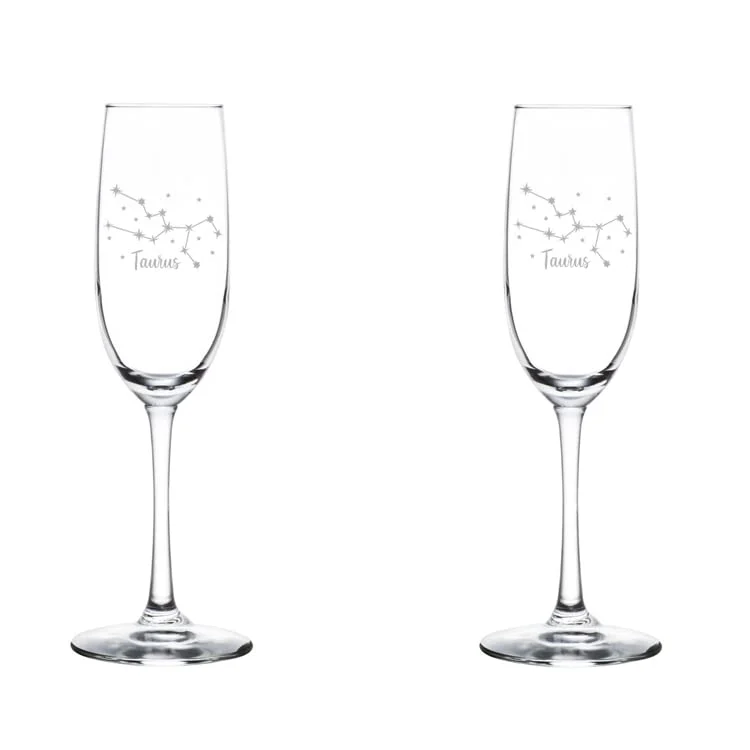 Set of 2 Glass Champagne Flutes Sparkling Wine Glasses Star Zodiac Horoscope Constellation 8 oz Stemmed (Taurus)