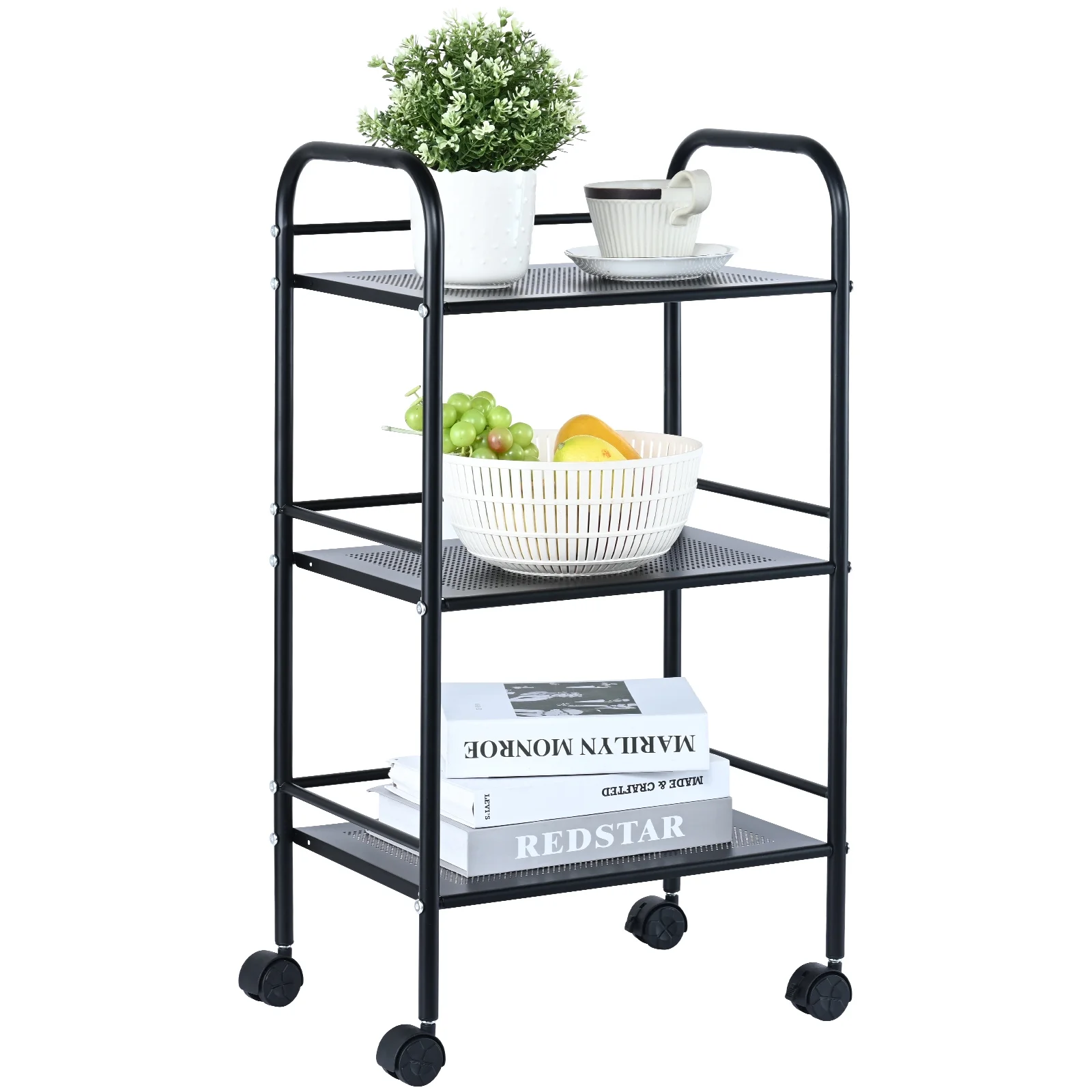 SKYSHALO 3-Tier Kitchen Rolling Cart Utility Cart on Wheel with Handle Shelf Black