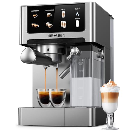AIRMSEN 20 Bar Espresso Machine with Automatic Milk Frother for Home, Cappuccino & Latte Coffee Maker with Quick Brew Dual Boiler (1350W + 1000W), Stainless Steel, 60oz Water Tank, Touchscreen