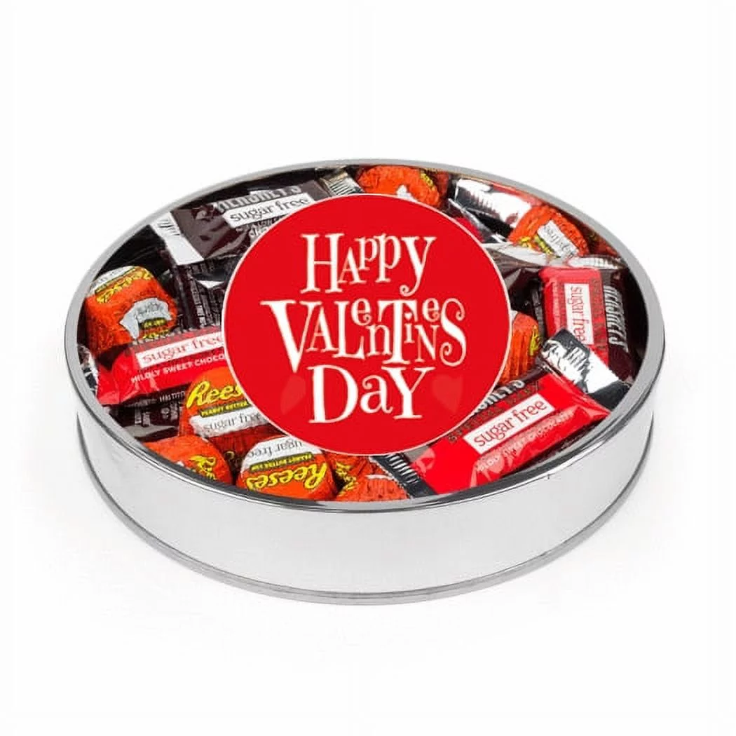Valentine's Day Sugar Free Candy Gift Tin Large Plastic Tin with Sticker and Chocolate Assortment - Hearts