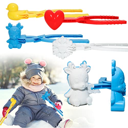 Holady 4PCS Large Size Snowball Maker Clip,Snowball Maker Tool with Handle for Snow Ball Fights, Snow Toys Kids Winter Outdoor Toys（Dinosaur, Love Heart, Duck, Thumb Shape）