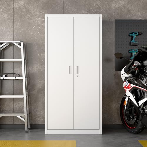 Metal Storage Cabinet, Garage Storage Cabinet with 2 Lockable Doors and 2 Adjustable Shelves, Steel File Cabinets with Lock and Pegboard for Home, School, Office, Garage, Black