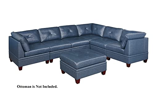 Contemporary Ink Blue Genuine Leather Sectional Sofa Set, 6-Piece, Tufted Back, Plush Couch, Wood Legs, 132 x 102 x 35 Inches NOT INCLUDE ottoman