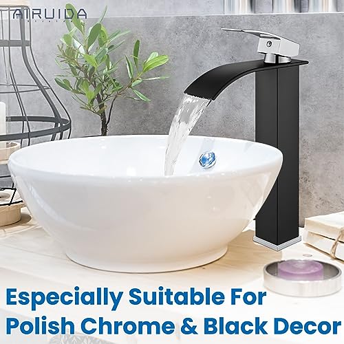 Airuida Brushed Gold Tall Waterfall Bathroom Vessel Sink Faucet Modern Bathroom Vanity Faucet Single Handle Single Hole Farmhouse Bar Mixer Tap Washbasin Faucet Deck Mount