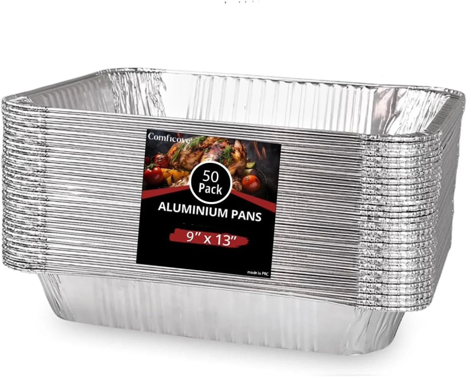 COMFICOVE Aluminum Pans Disposable Half Size 50 Pack, 9x13 Steam Foil Deep Pans for, Prepping, Roasting, Food, Storing, Heating, Cooking, Chafers, Catering, BBQ Grilling, Sturdy Baking Pan Trays