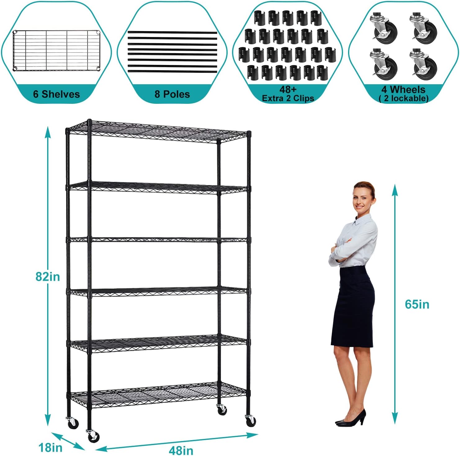 6 Tier Wire Shelving Unit Rack, NSF Heavy Duty Height Adjustable Storage Shelf Metal Shelving with Wheels/Feet Levelers for Garage Rack Kitchen Rack Office Rack Commercial Shelving - 18