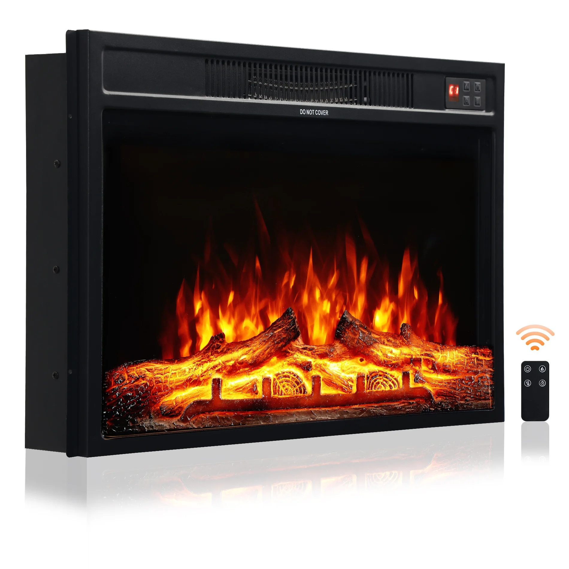 Electric Fireplace 28 inch, 1400W Fireplace Heater with Thermostat, Adjustable Flame Color and Brightness, Remote Control with Timer