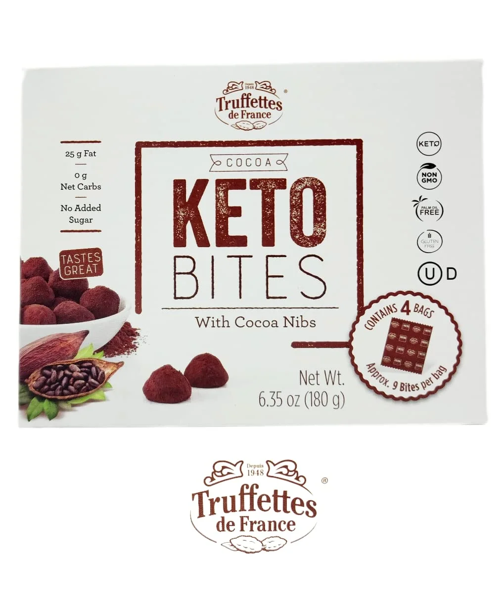 Gluten Free Truffettes de France Cocoa Keto Bites Budle - Includes Coconut Truffles and Cocoa Truffles - 4 Snack Bags Per Box - 8 Total - Comes with  Fridge Magnet