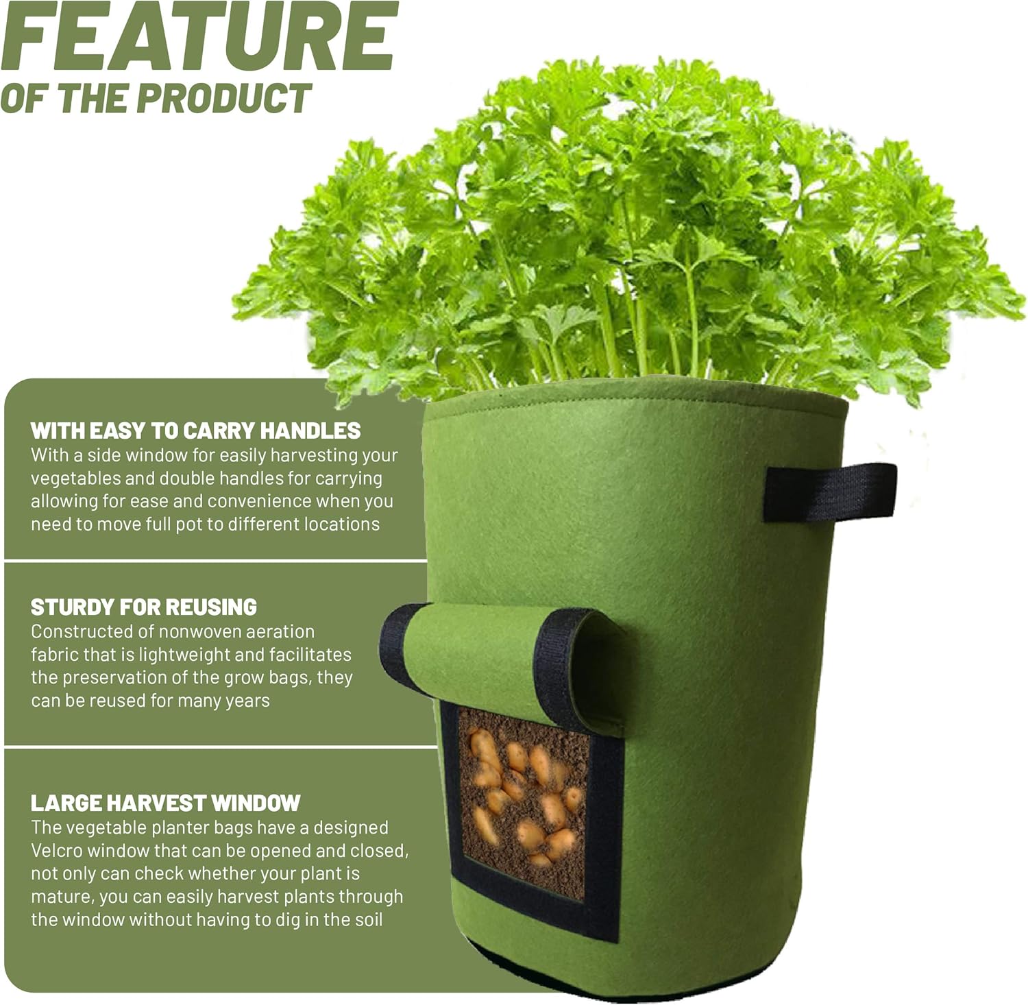 Grow Bags Pack of 3-10 Gallon Heavy Duty Non Woven Fabric Planter Bags. Planting Garden Pots with Sturdy Handles & Large Harvest Window - Growing Potato, Carrot, Onion, Radish, Taro, Peanuts