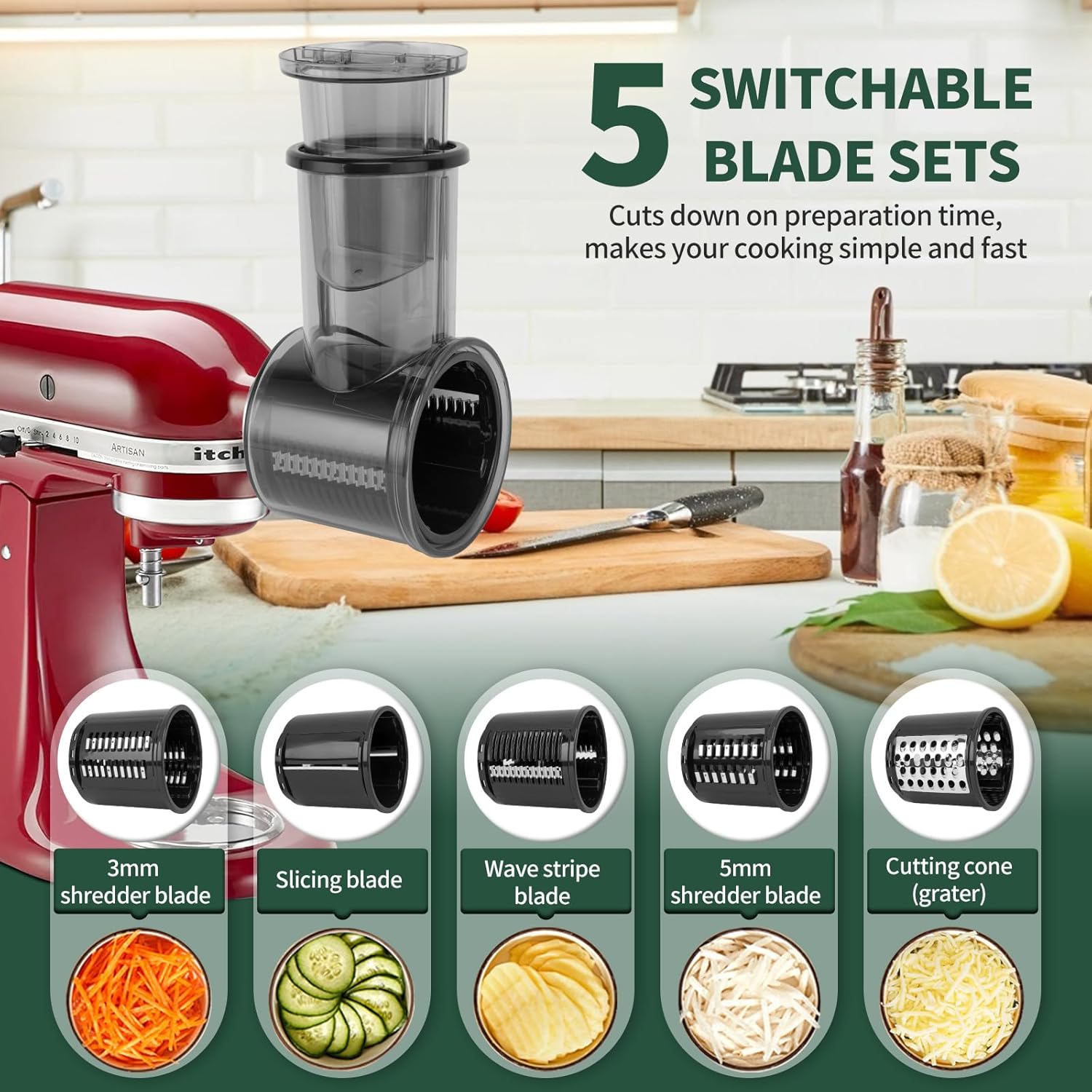 Slicer/Shredder Attachment for KitchenAid Stand Mixer,Food Slicers Cheese Grater Attachment for Kitchenaid,Salad Maker Accessory Vegetable Chopper with 5 Blades