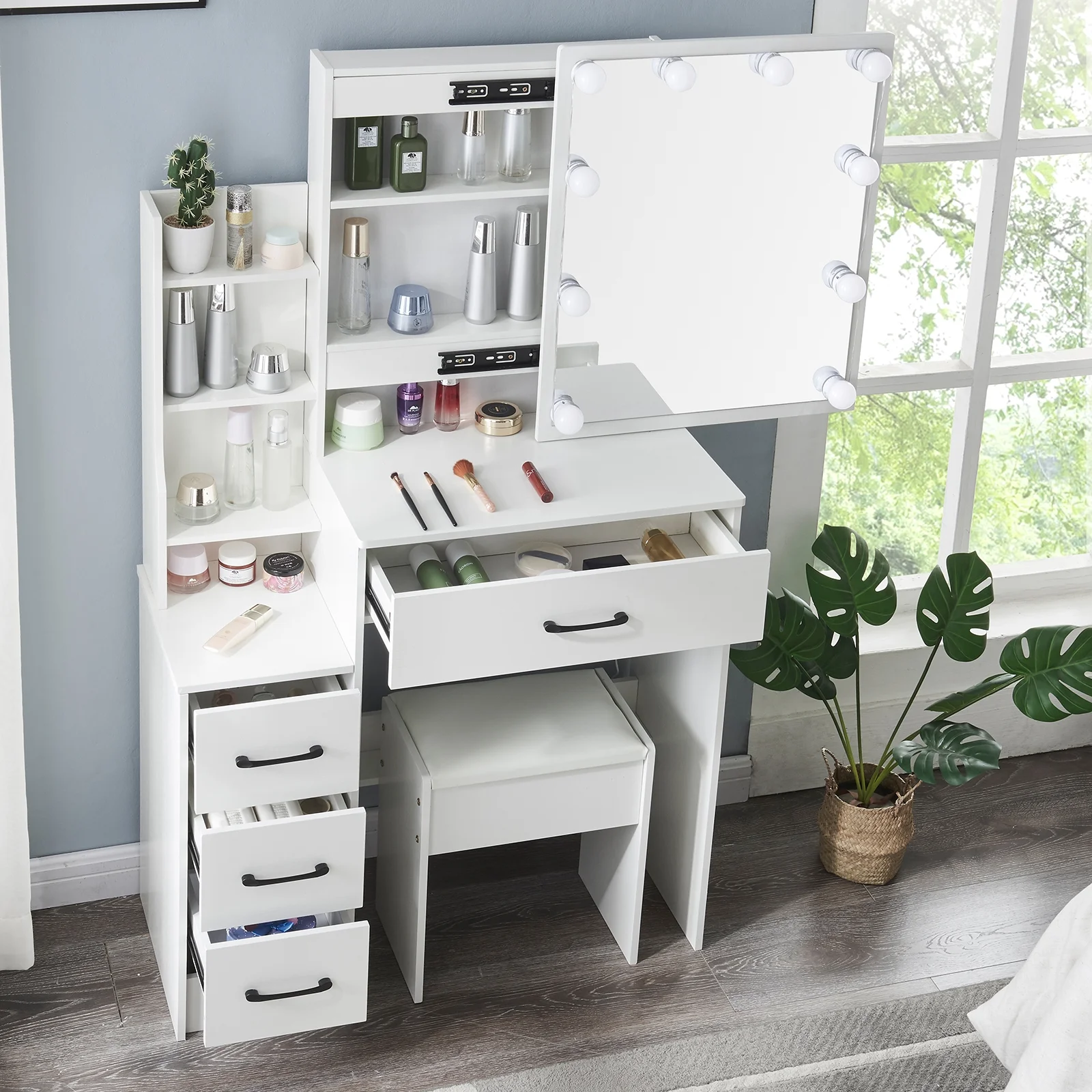 Yamissi Vanity Desk with Lights Makeup Table with Slidable Mirror Modern Dressing Table with Drawers & Cabinet, White