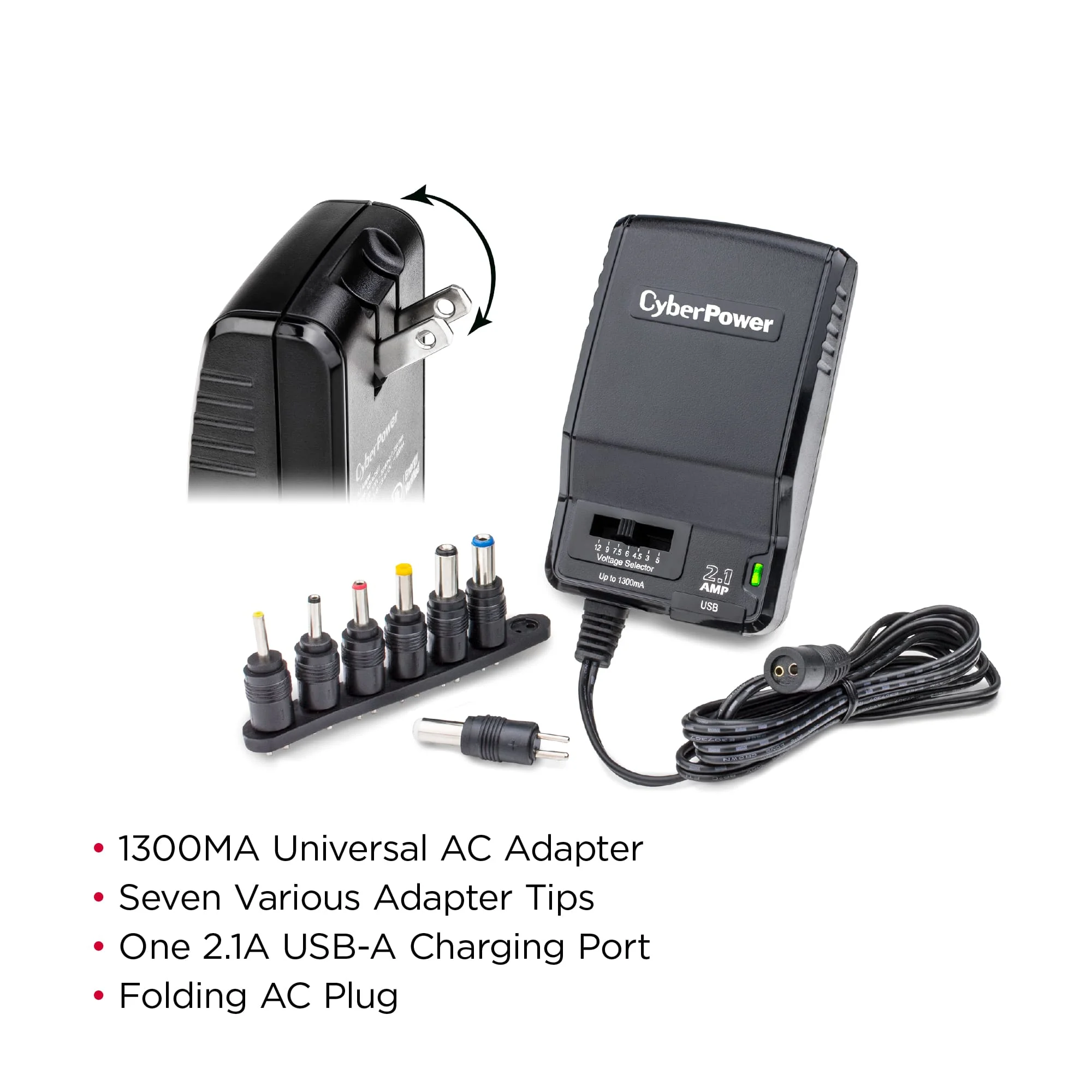CyberPower CPUAC1U1300 Universal Power Adapter 3 -12 Volt / 1300mA with Folding AC Plug and 2.1 Amp USB Charge Port