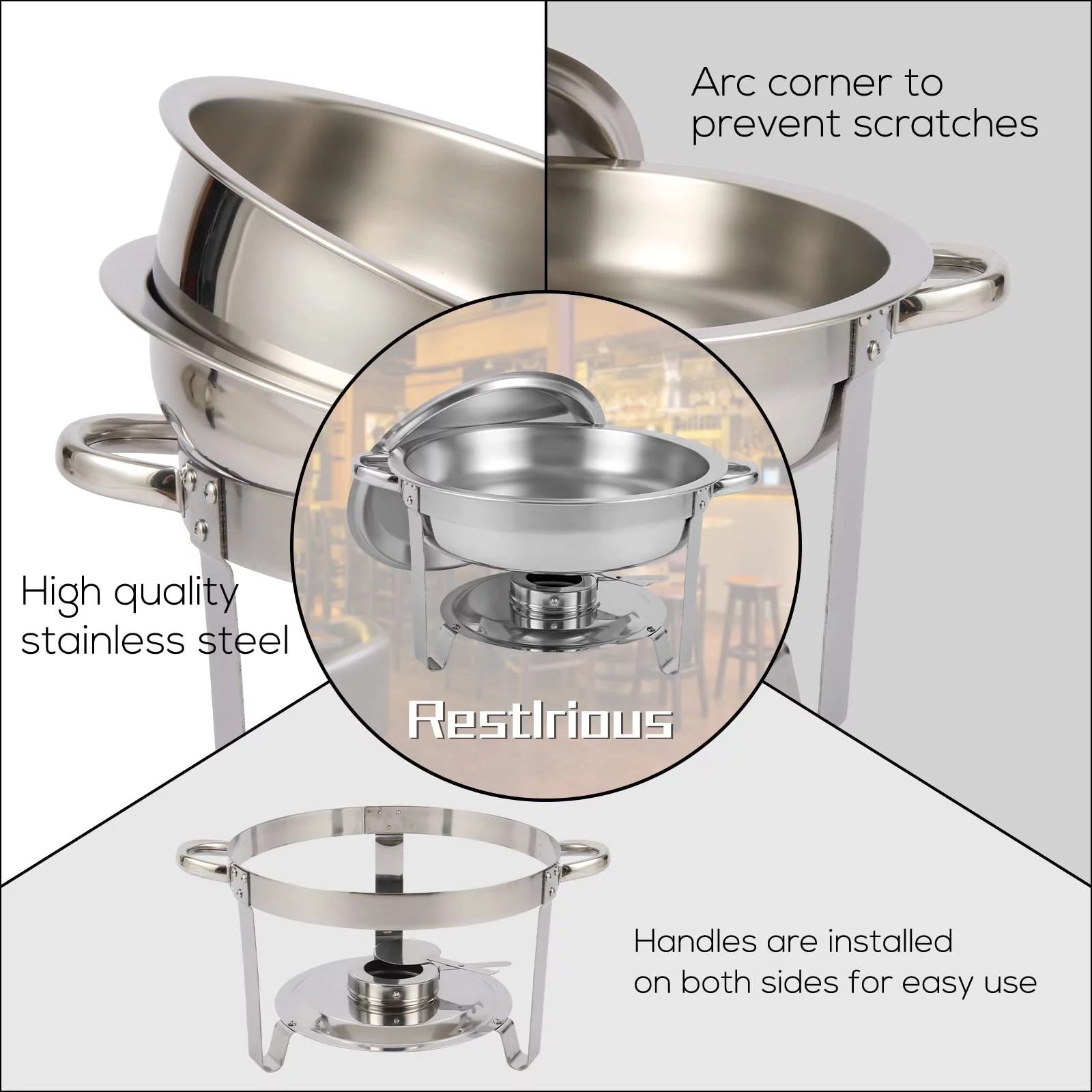 HORESTKIT 4 Packs Round Chafing Dishes Stainless Steel Chafers and Buffet Warmers Sets 5QT Large Capacity w/Water Pan, Food Pan, Fuel Holder and Lid for Catering Event Parties