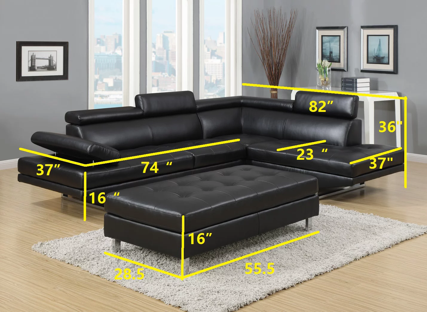 Logan Collection 3-piece Sectional Sofa Set w/Bonded Leather. Left Facing Style in Black Color